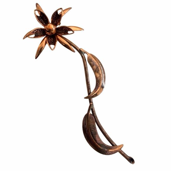 Vintage Copper Floral Brooch Jewelry - Vintage Solid Copper Long Stem Floral Brooch